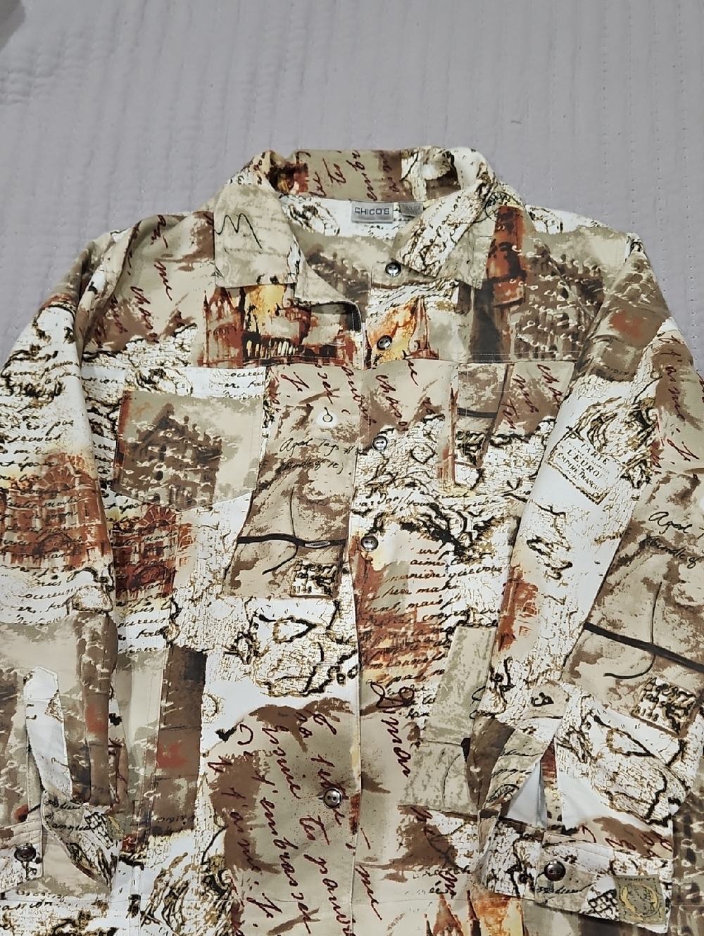 Chico's Beige, Brown & Cream Script-Print Button Jacket